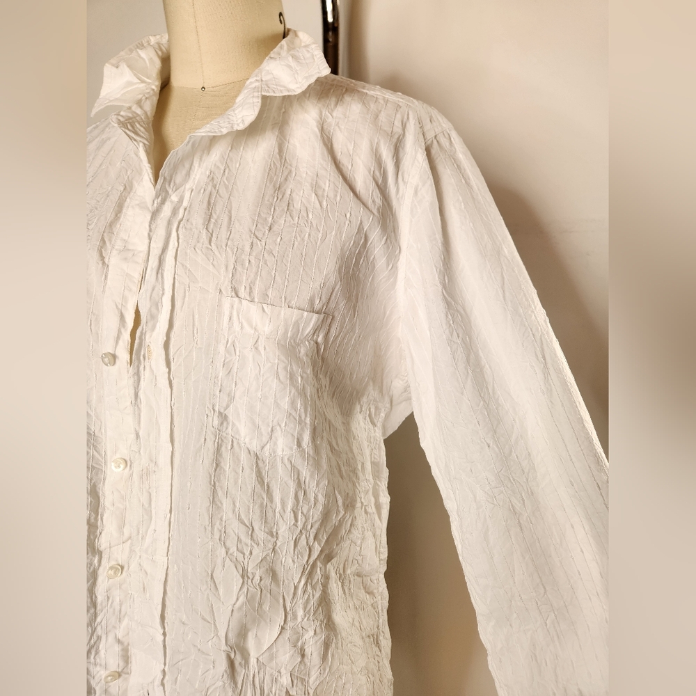 Frank & Eileen Barry Shirt Vertical Stripes Solid White Crinkled Wrinkled S - Picture 11 of 15